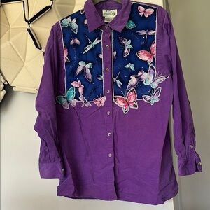 Vintage cotton Purple Butterfly dragon fly Button-Up Shirt corduroy large spring